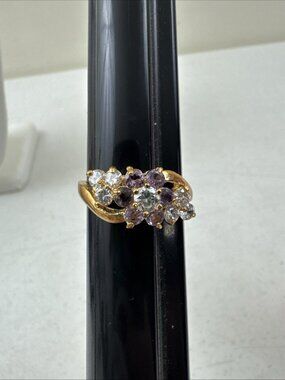 Lind Violet Flower Ring 14k HGE Vintage Signed Floral Nature Jewelry Size 11